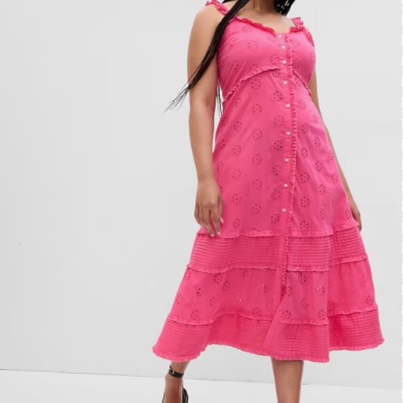 GAP Pink Ruffle Hem Eyelet Maxi Dress - Size Petite L - Picture 2 of 9
